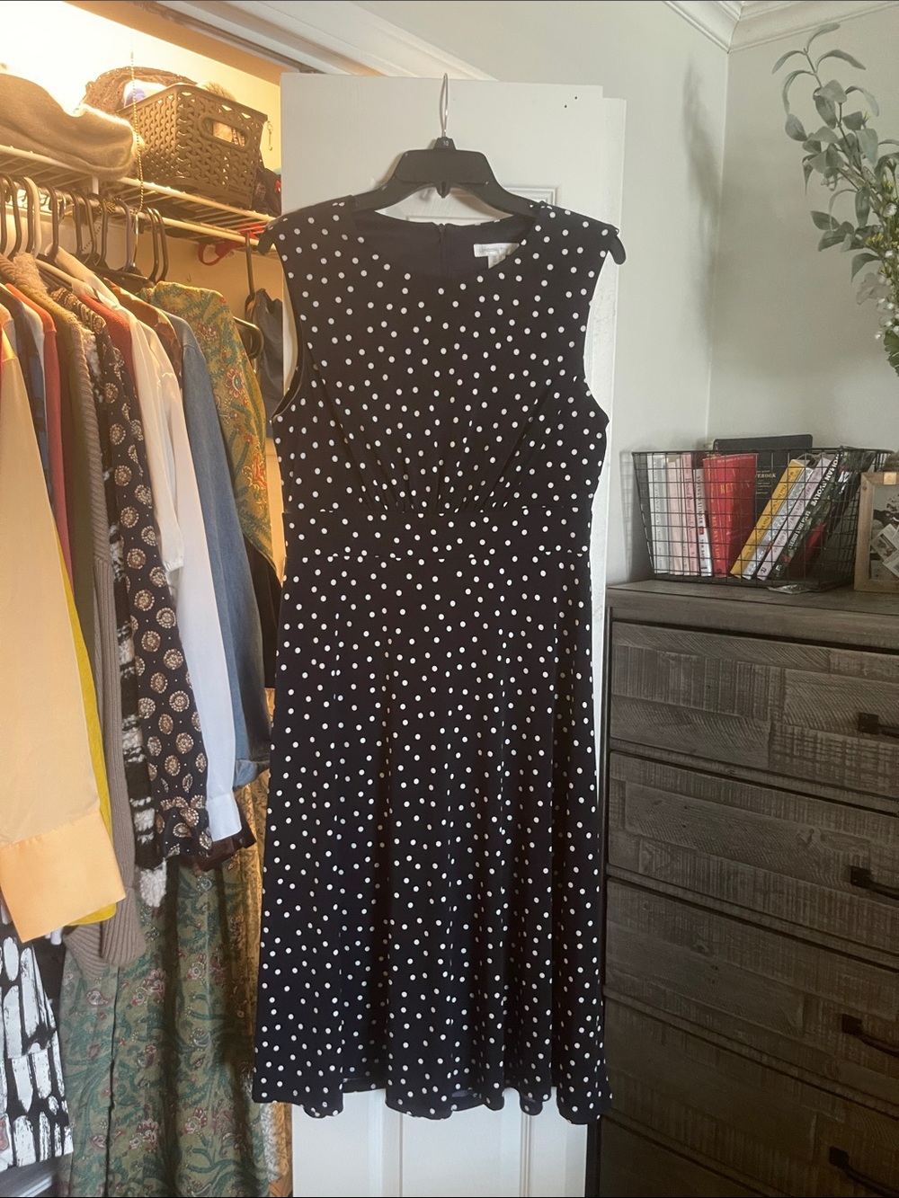 London Times Navy & White Polka Dot Fit & Flare Dress | Size 10
